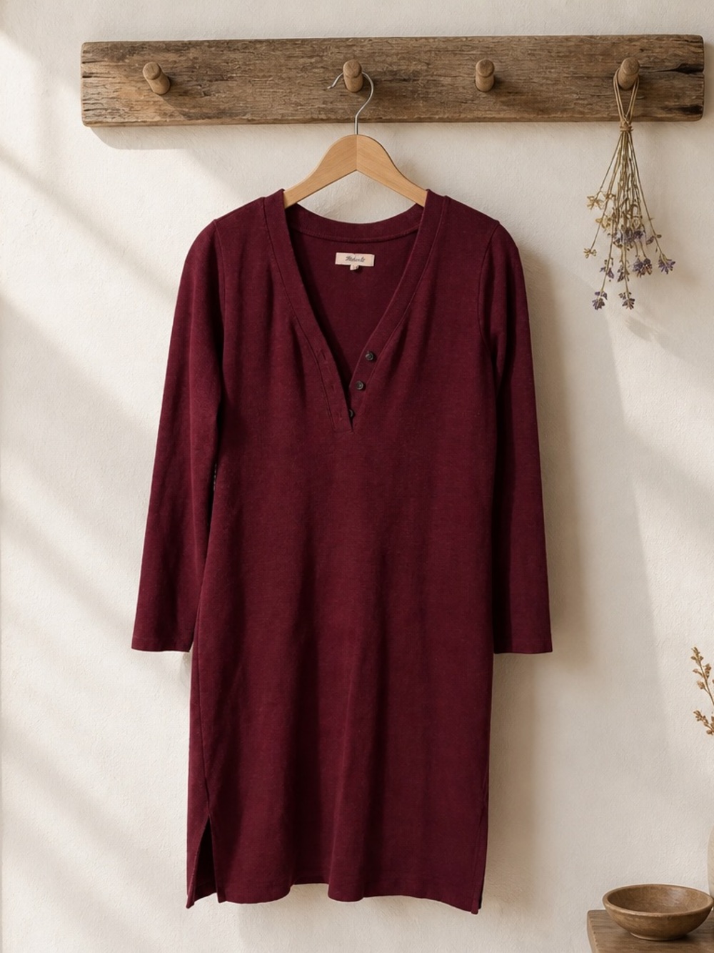 Madewell Long Sleeve Burgundy V-Neck Button Tunic Dress